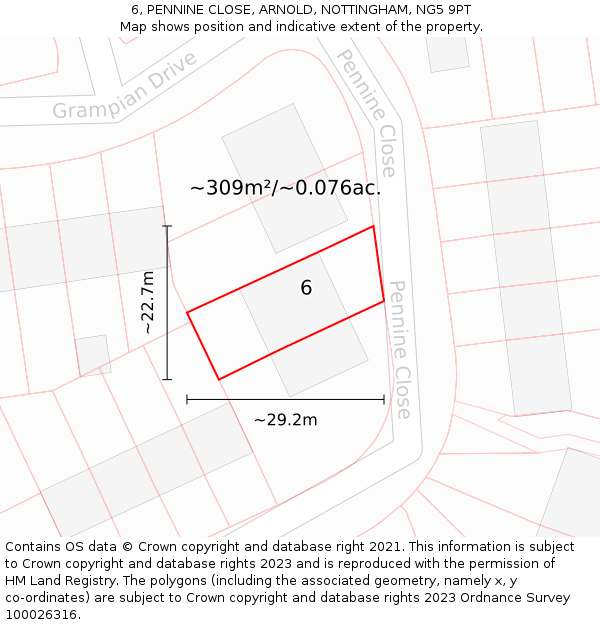 6, PENNINE CLOSE, ARNOLD, NOTTINGHAM, NG5 9PT: Plot and title map