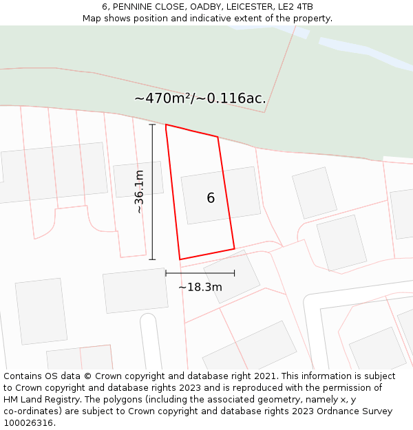 6, PENNINE CLOSE, OADBY, LEICESTER, LE2 4TB: Plot and title map