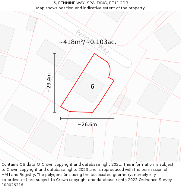 6, PENNINE WAY, SPALDING, PE11 2DB: Plot and title map