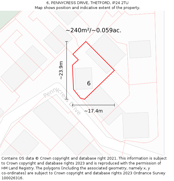 6, PENNYCRESS DRIVE, THETFORD, IP24 2TU: Plot and title map