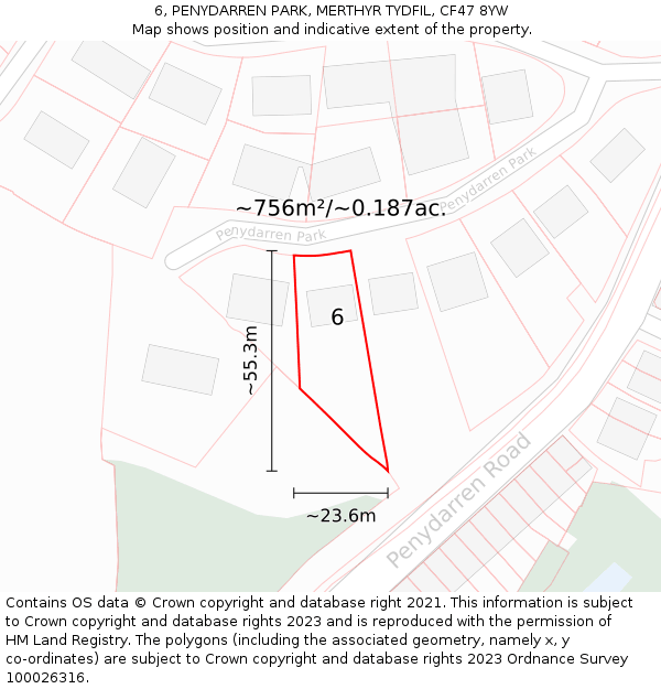 6, PENYDARREN PARK, MERTHYR TYDFIL, CF47 8YW: Plot and title map