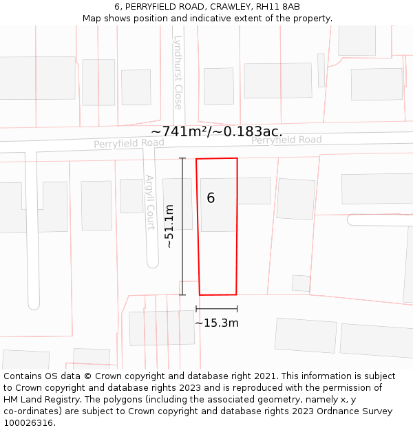 6, PERRYFIELD ROAD, CRAWLEY, RH11 8AB: Plot and title map