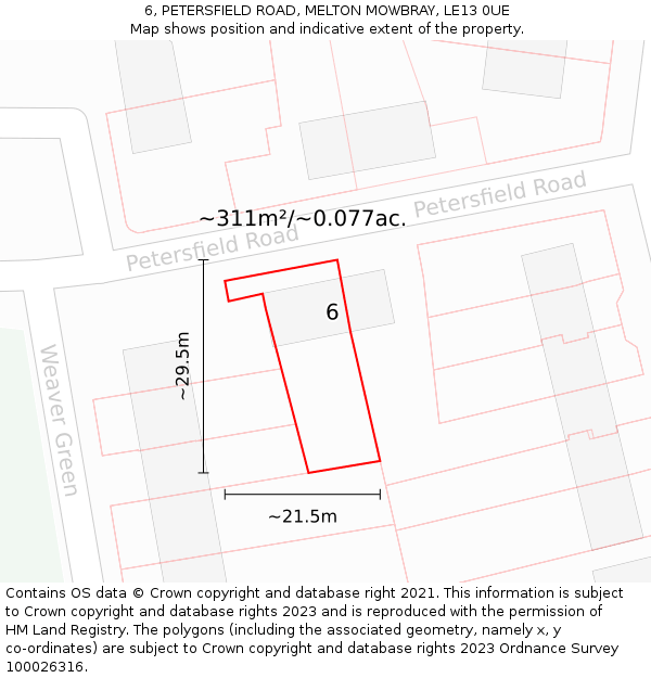 6, PETERSFIELD ROAD, MELTON MOWBRAY, LE13 0UE: Plot and title map