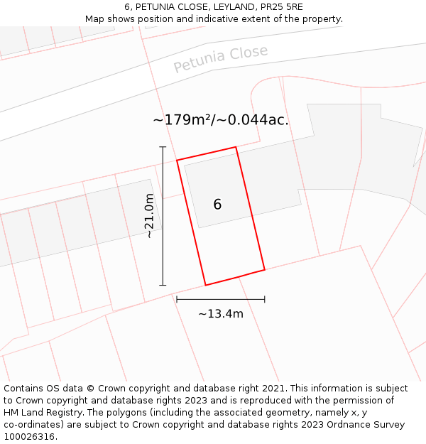 6, PETUNIA CLOSE, LEYLAND, PR25 5RE: Plot and title map