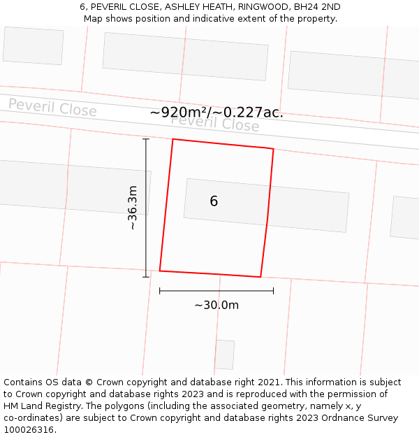 6, PEVERIL CLOSE, ASHLEY HEATH, RINGWOOD, BH24 2ND: Plot and title map