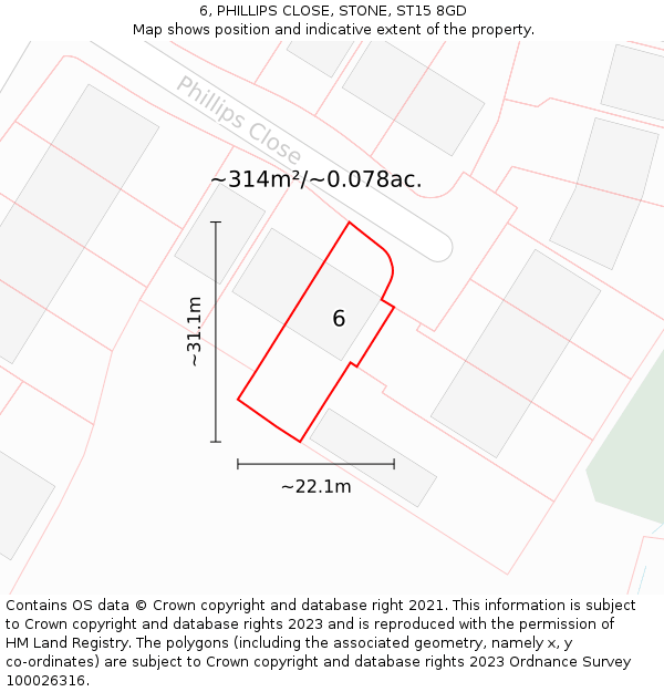 6, PHILLIPS CLOSE, STONE, ST15 8GD: Plot and title map