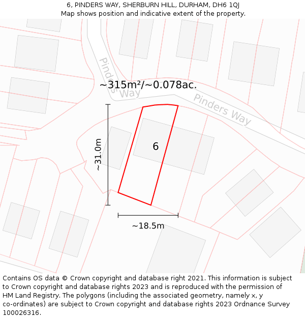 6, PINDERS WAY, SHERBURN HILL, DURHAM, DH6 1QJ: Plot and title map