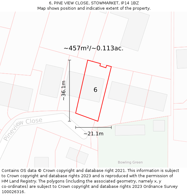 6, PINE VIEW CLOSE, STOWMARKET, IP14 1BZ: Plot and title map