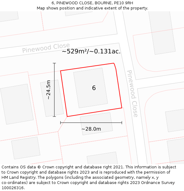 6, PINEWOOD CLOSE, BOURNE, PE10 9RH: Plot and title map