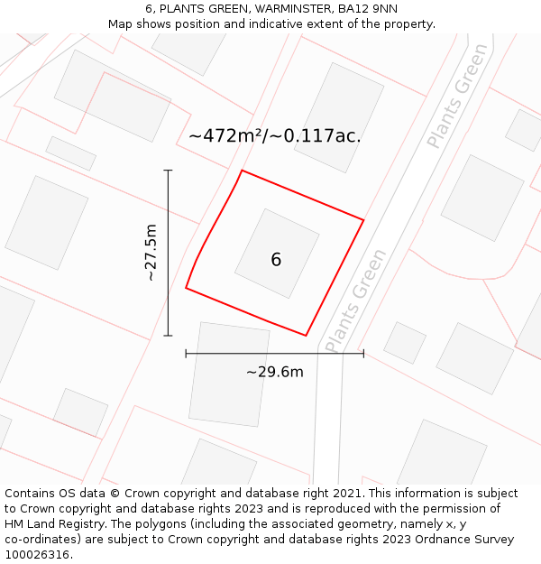 6, PLANTS GREEN, WARMINSTER, BA12 9NN: Plot and title map