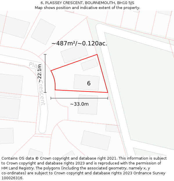 6, PLASSEY CRESCENT, BOURNEMOUTH, BH10 5JS: Plot and title map