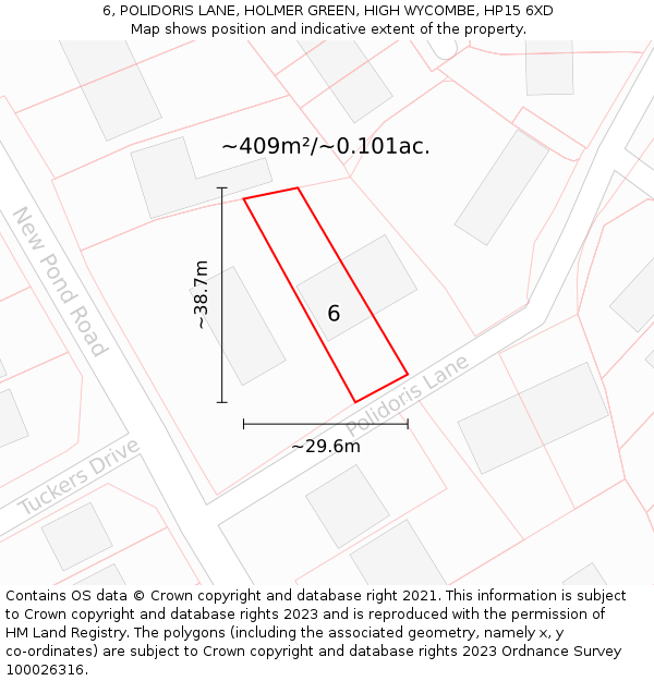 6, POLIDORIS LANE, HOLMER GREEN, HIGH WYCOMBE, HP15 6XD: Plot and title map