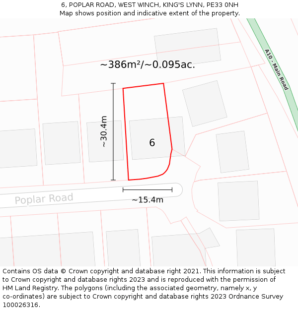 6, POPLAR ROAD, WEST WINCH, KING'S LYNN, PE33 0NH: Plot and title map