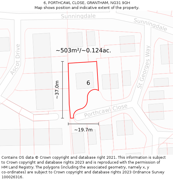 6, PORTHCAWL CLOSE, GRANTHAM, NG31 9GH: Plot and title map