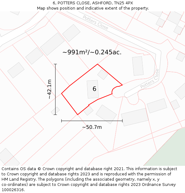 6, POTTERS CLOSE, ASHFORD, TN25 4PX: Plot and title map