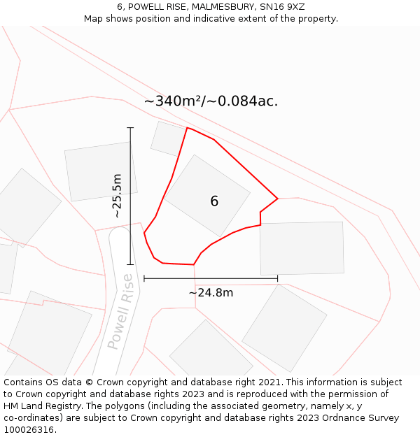 6, POWELL RISE, MALMESBURY, SN16 9XZ: Plot and title map