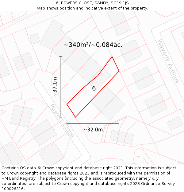 6, POWERS CLOSE, SANDY, SG19 1JS: Plot and title map