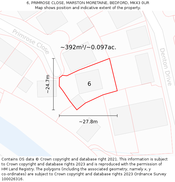 6, PRIMROSE CLOSE, MARSTON MORETAINE, BEDFORD, MK43 0UR: Plot and title map