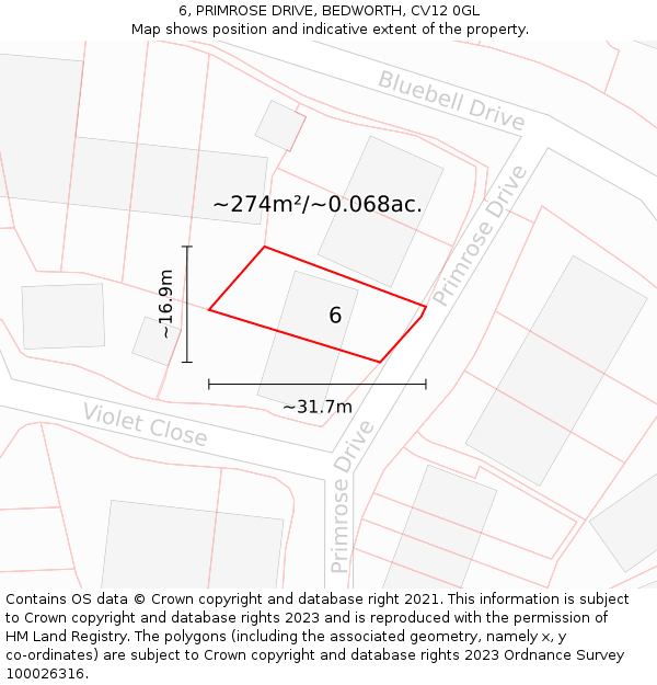 6, PRIMROSE DRIVE, BEDWORTH, CV12 0GL: Plot and title map