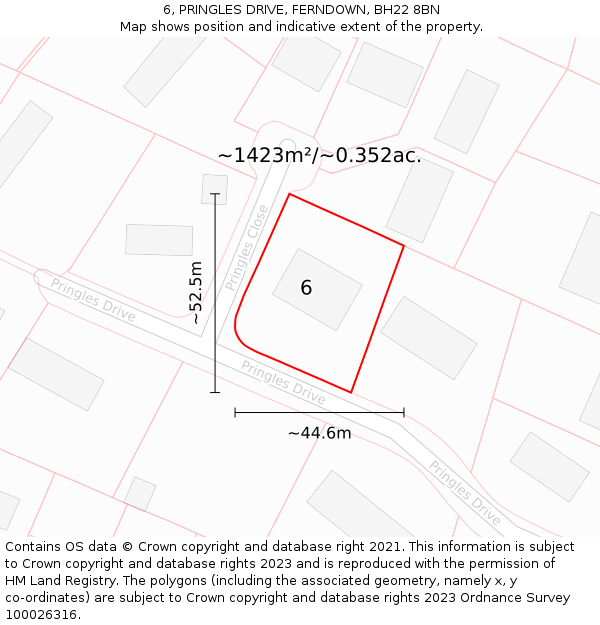 6, PRINGLES DRIVE, FERNDOWN, BH22 8BN: Plot and title map