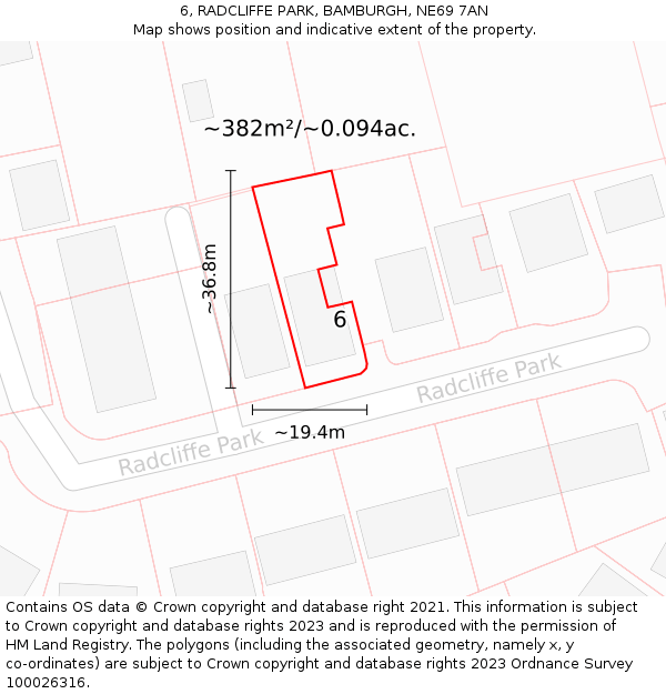 6, RADCLIFFE PARK, BAMBURGH, NE69 7AN: Plot and title map