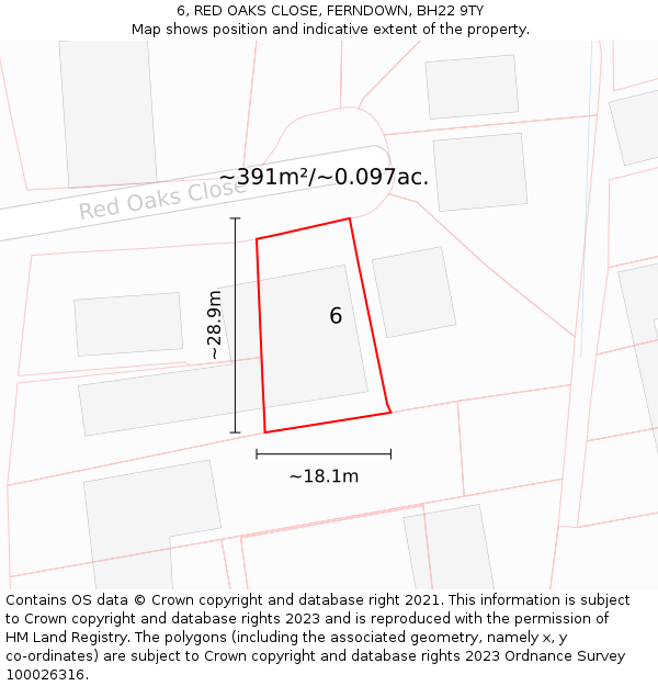 6, RED OAKS CLOSE, FERNDOWN, BH22 9TY: Plot and title map