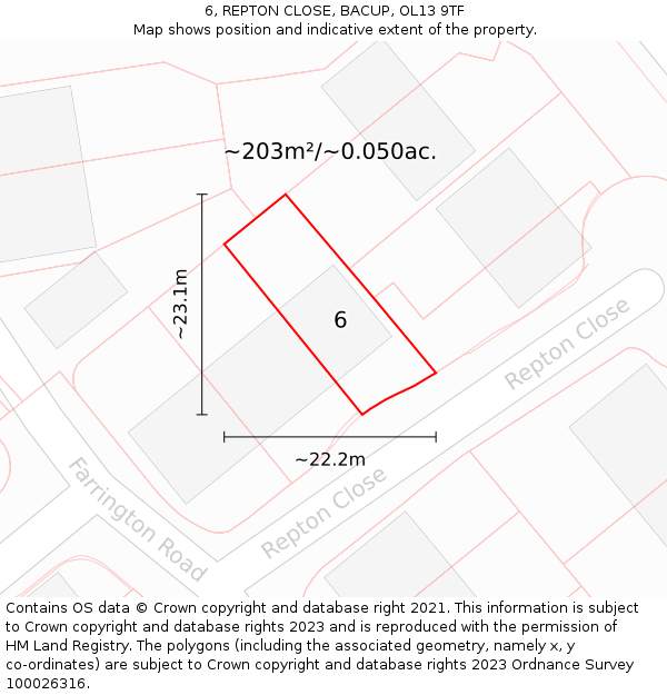 6, REPTON CLOSE, BACUP, OL13 9TF: Plot and title map