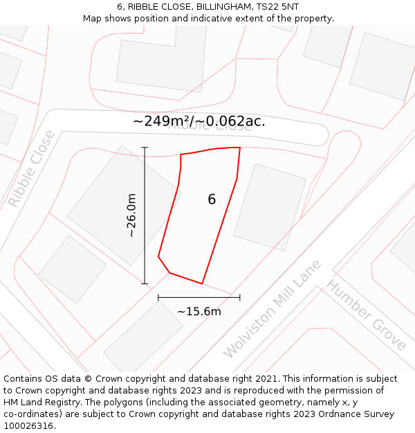 6, RIBBLE CLOSE, BILLINGHAM, TS22 5NT: Plot and title map