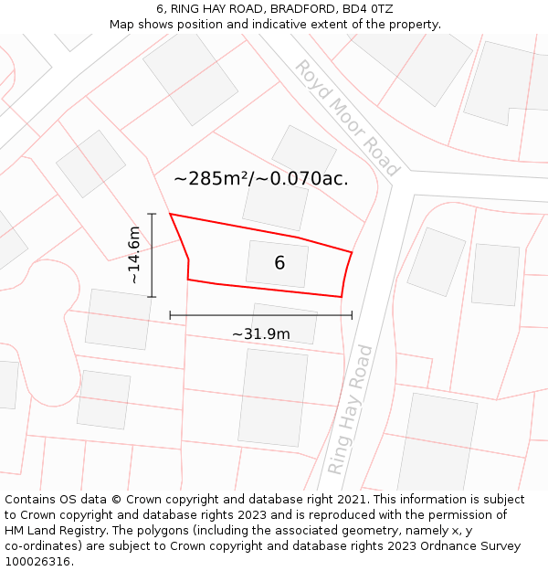 6, RING HAY ROAD, BRADFORD, BD4 0TZ: Plot and title map