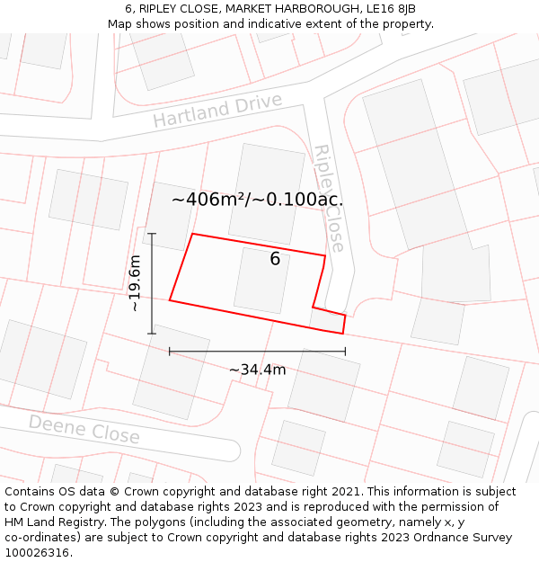 6, RIPLEY CLOSE, MARKET HARBOROUGH, LE16 8JB: Plot and title map