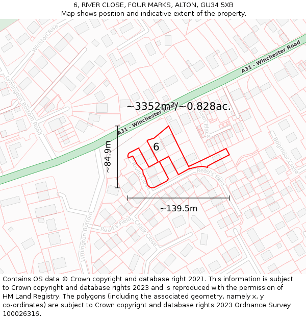 6, RIVER CLOSE, FOUR MARKS, ALTON, GU34 5XB: Plot and title map