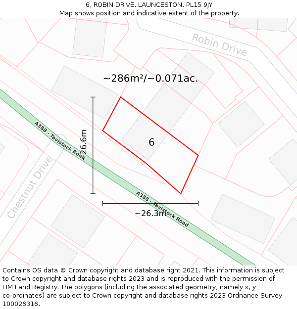 6, ROBIN DRIVE, LAUNCESTON, PL15 9JY: Plot and title map