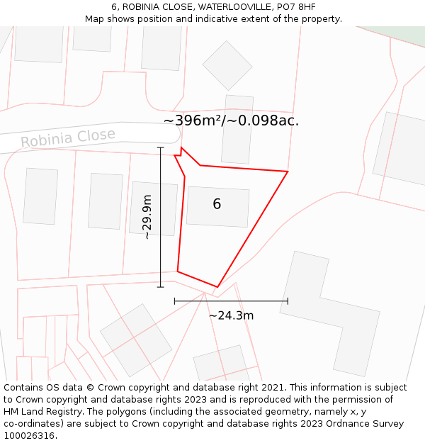 6, ROBINIA CLOSE, WATERLOOVILLE, PO7 8HF: Plot and title map