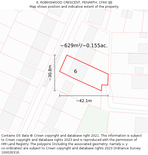 6, ROBINSWOOD CRESCENT, PENARTH, CF64 3JE: Plot and title map