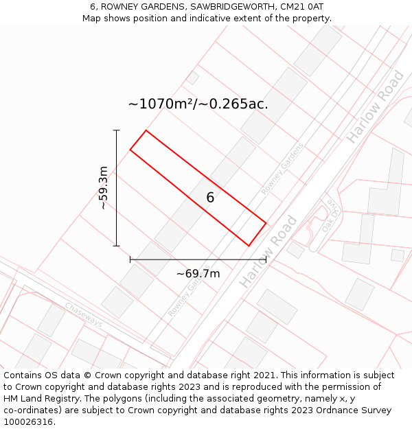 6, ROWNEY GARDENS, SAWBRIDGEWORTH, CM21 0AT: Plot and title map