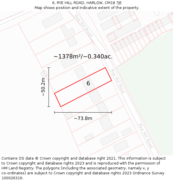 6, RYE HILL ROAD, HARLOW, CM18 7JE: Plot and title map