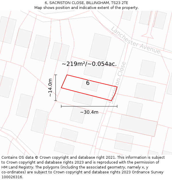 6, SACRISTON CLOSE, BILLINGHAM, TS23 2TE: Plot and title map