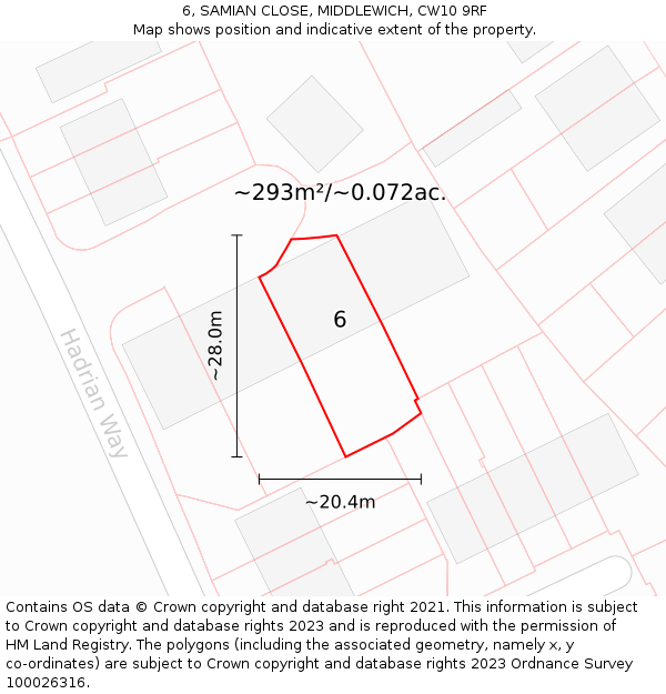 6, SAMIAN CLOSE, MIDDLEWICH, CW10 9RF: Plot and title map