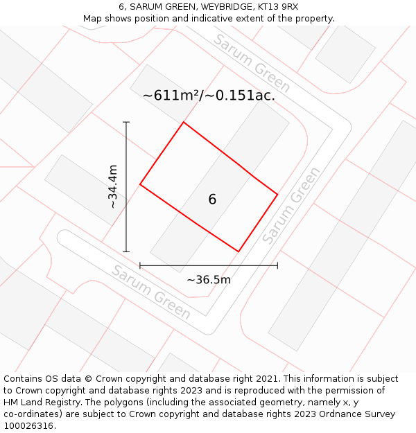 6, SARUM GREEN, WEYBRIDGE, KT13 9RX: Plot and title map