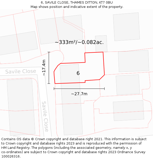 6, SAVILE CLOSE, THAMES DITTON, KT7 0BU: Plot and title map