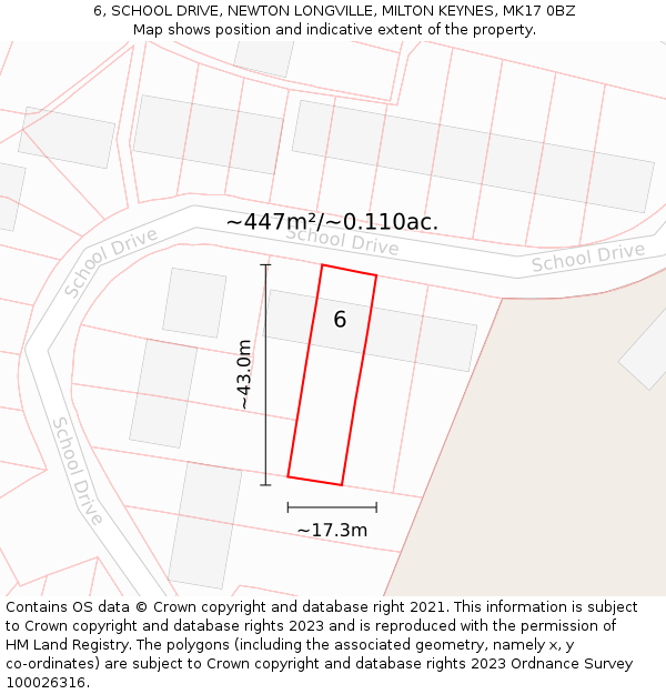 6, SCHOOL DRIVE, NEWTON LONGVILLE, MILTON KEYNES, MK17 0BZ: Plot and title map