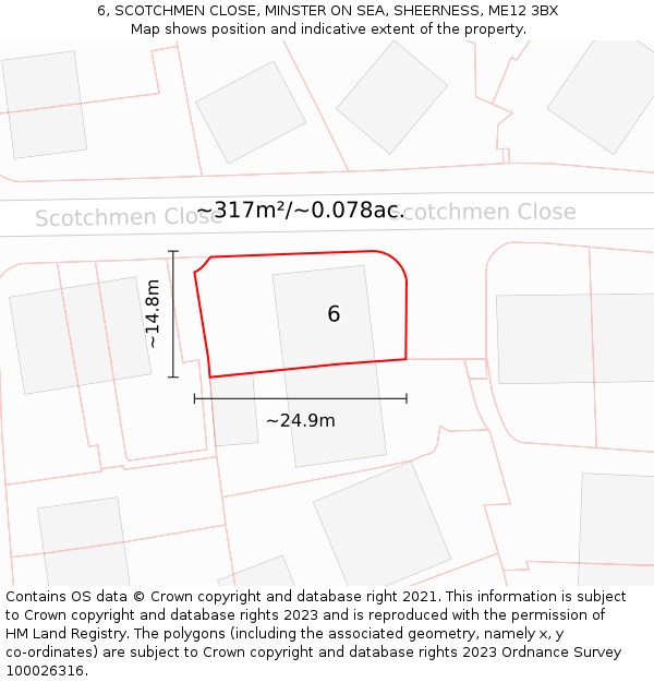 6, SCOTCHMEN CLOSE, MINSTER ON SEA, SHEERNESS, ME12 3BX: Plot and title map