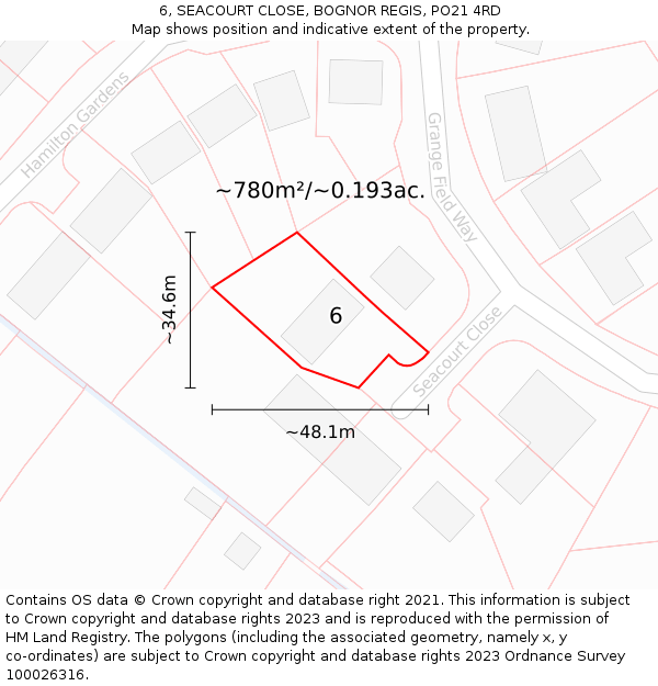 6, SEACOURT CLOSE, BOGNOR REGIS, PO21 4RD: Plot and title map