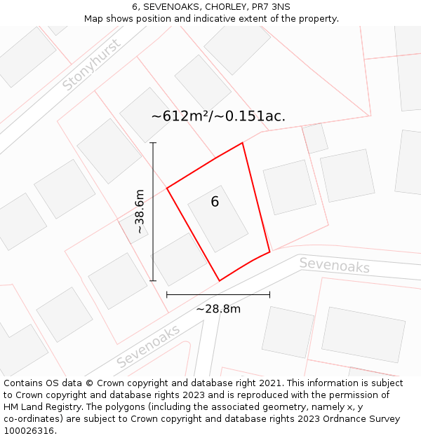 6, SEVENOAKS, CHORLEY, PR7 3NS: Plot and title map