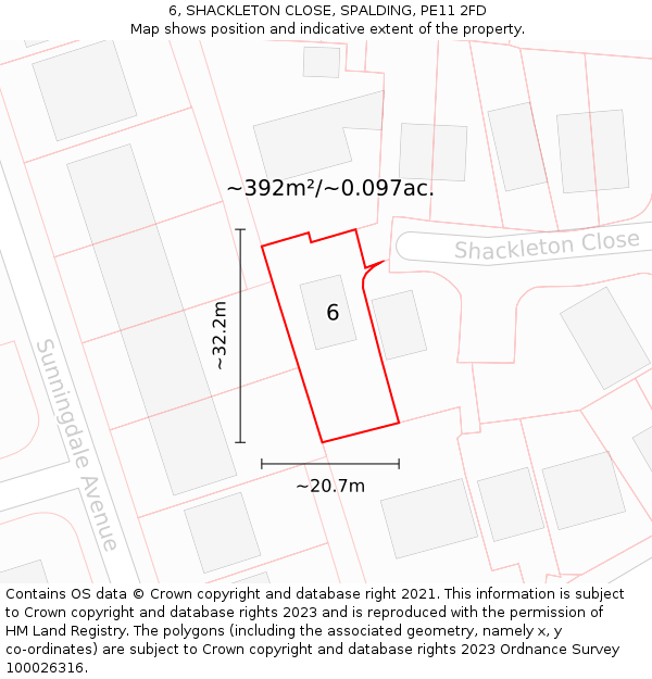 6, SHACKLETON CLOSE, SPALDING, PE11 2FD: Plot and title map