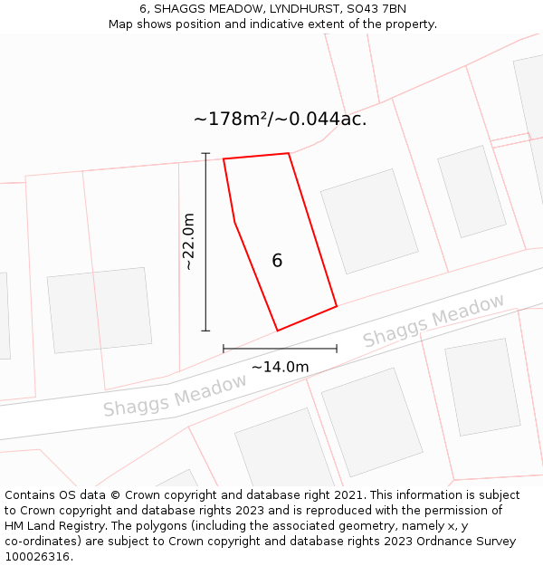 6, SHAGGS MEADOW, LYNDHURST, SO43 7BN: Plot and title map