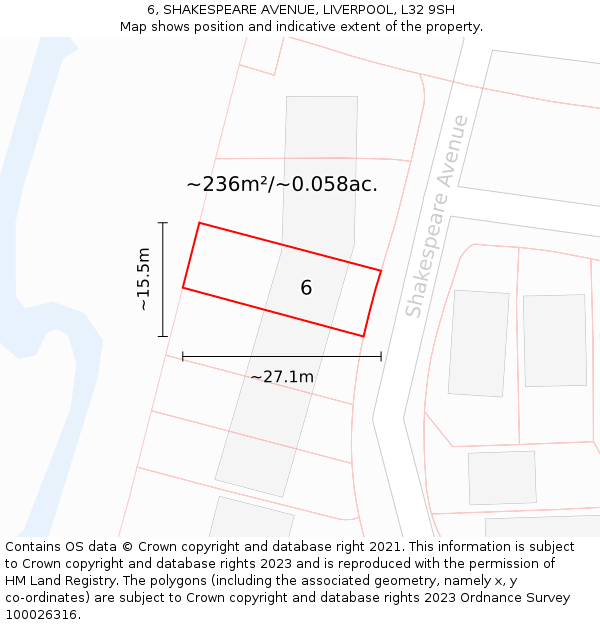 6, SHAKESPEARE AVENUE, LIVERPOOL, L32 9SH: Plot and title map