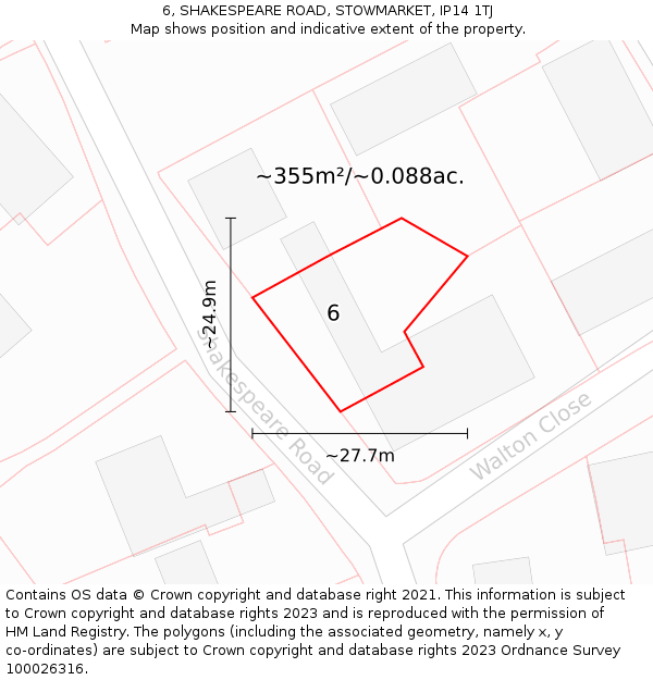 6, SHAKESPEARE ROAD, STOWMARKET, IP14 1TJ: Plot and title map