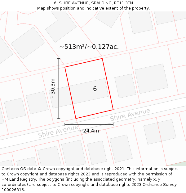 6, SHIRE AVENUE, SPALDING, PE11 3FN: Plot and title map