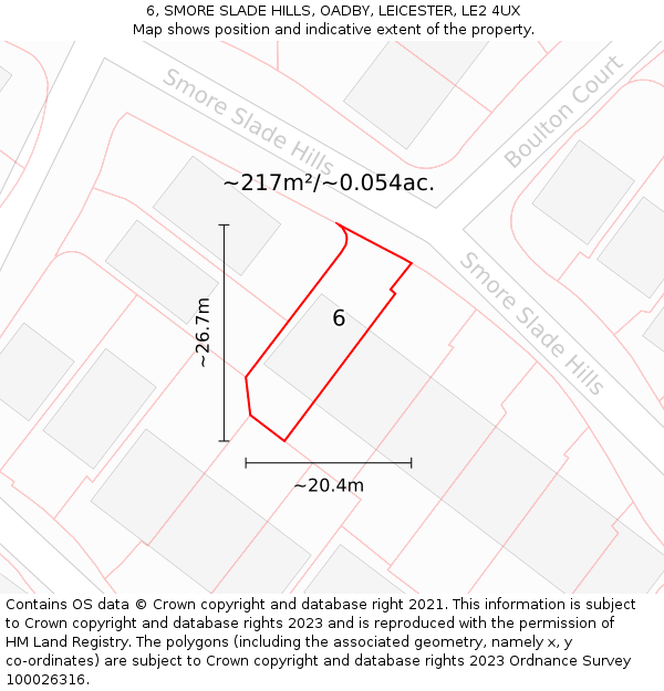 6, SMORE SLADE HILLS, OADBY, LEICESTER, LE2 4UX: Plot and title map